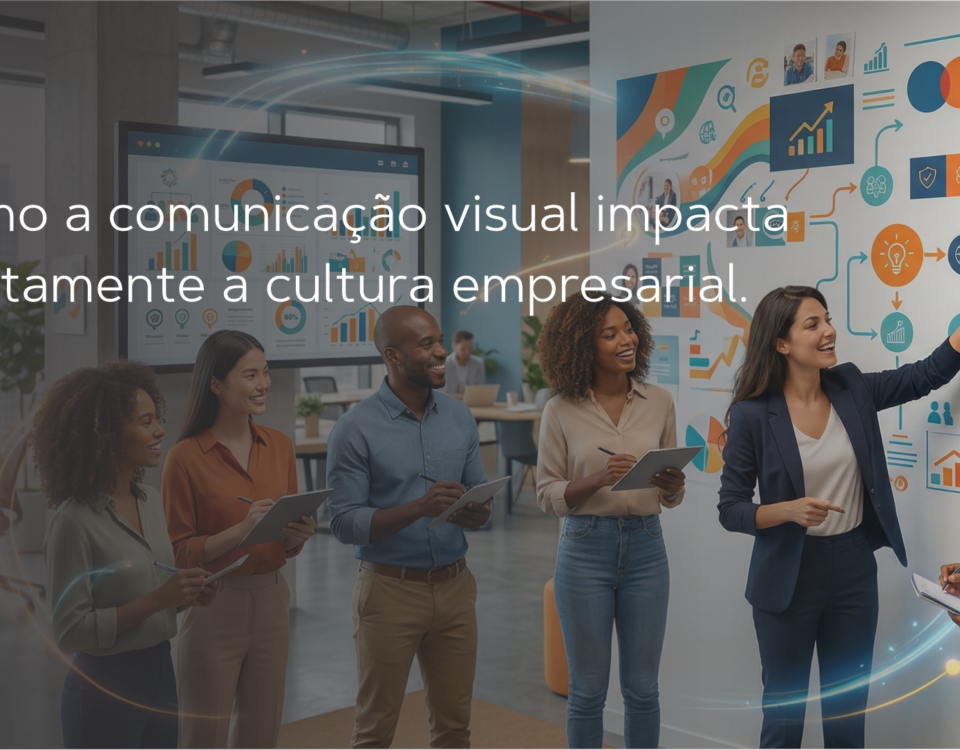 Ambiente corporativo moderno com elementos de comunicação visual, como gráficos, sinalizações e ícones estratégicos, representando o impacto da comunicação visual na cultura empresarial e nos resultados do negócio.