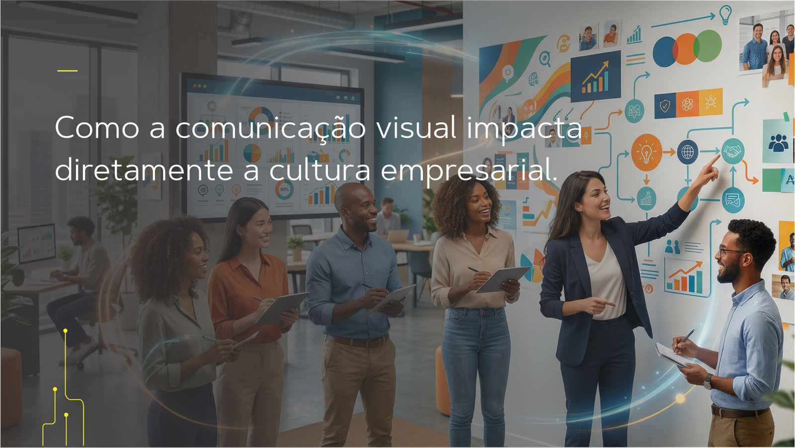 Ambiente corporativo moderno com elementos de comunicação visual, como gráficos, sinalizações e ícones estratégicos, representando o impacto da comunicação visual na cultura empresarial e nos resultados do negócio.